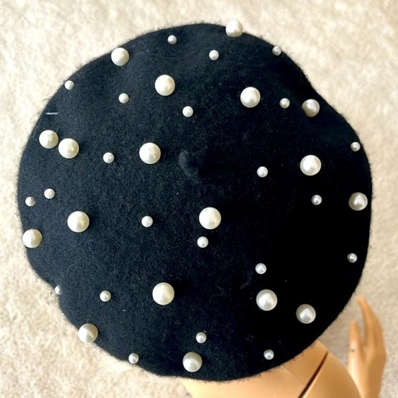 Brand New Jessica Simpson Black Wool French Beret w/ Faux Pearl Accents Beaded main image 4